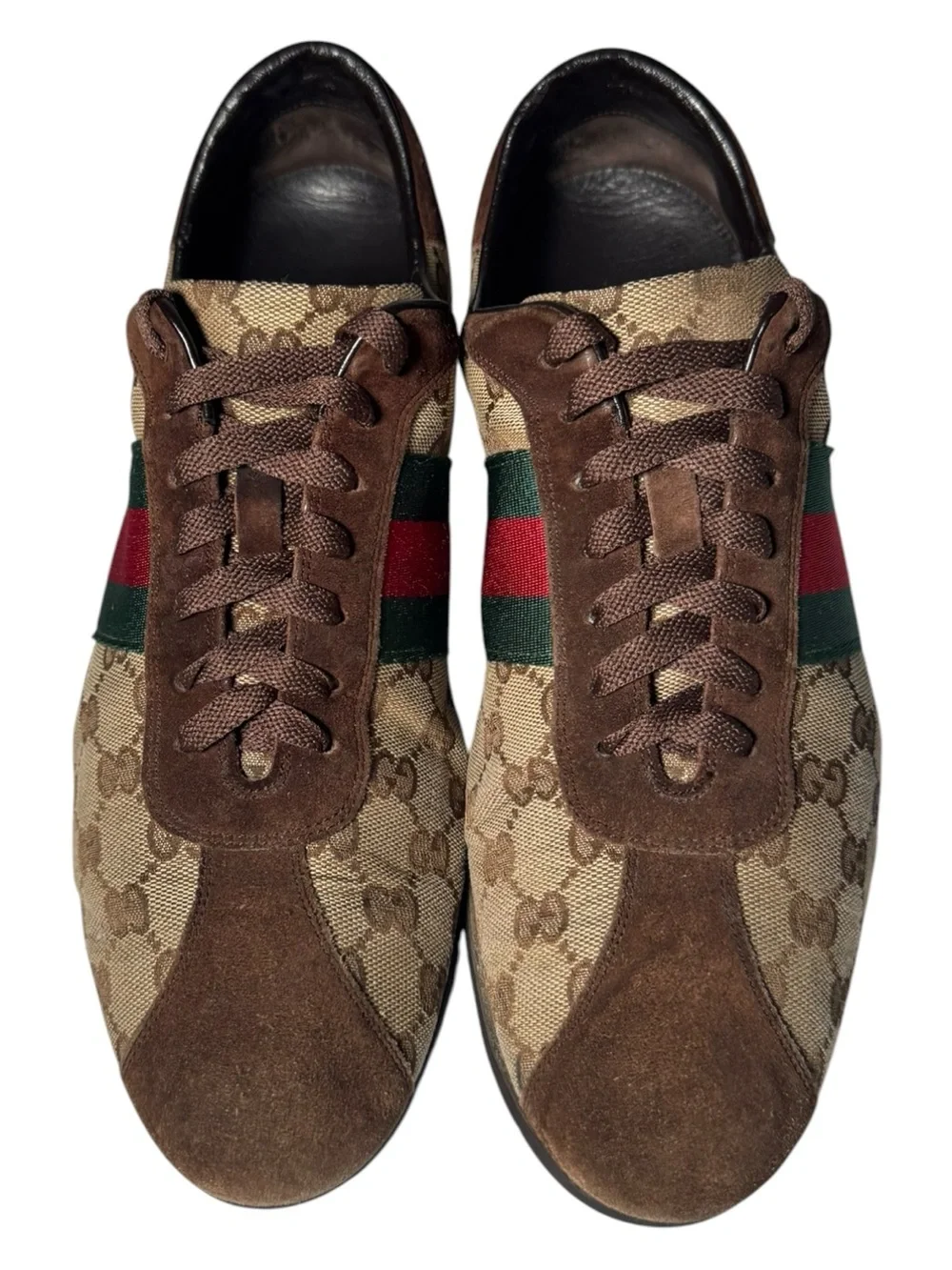 Gucci GG Canvas Web Stripe Sneakers Brown Suede Low Top Shoes Mens 8.5